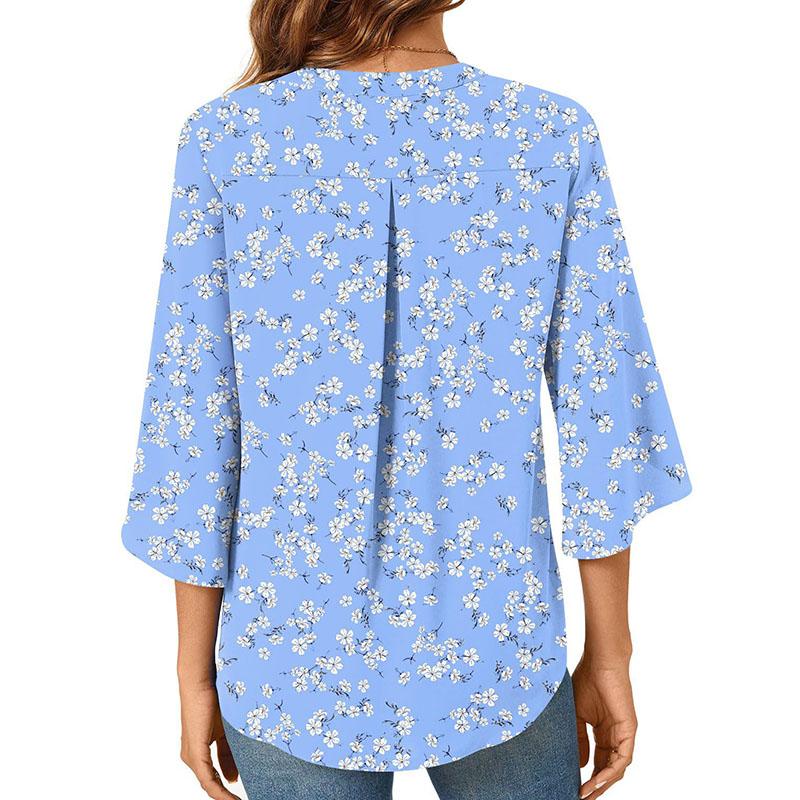 Women Puff Sleeve V Neck Solid Color Summer Chiffon Shirt Blouse Top