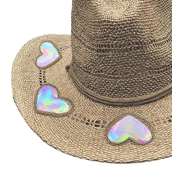 Solvanger Cowgirl Stråhatt Prismatisk Hatt med Bred Brem Vestlig Cowboyhatt med Iridescent Måne Stjerne/Hjerte Håndvevd Sol Strandhatt med Solbriller for Kvinner