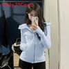 Felpa con cappuccio da donna autunnale in cotone elasticizzato con tasche e zip per abbigliamento casual