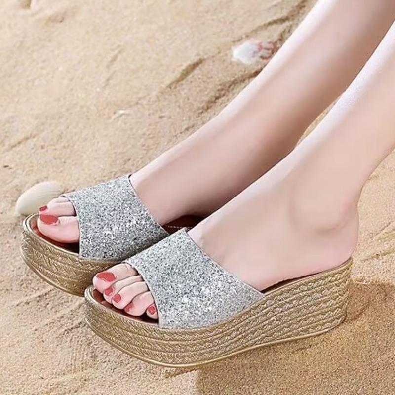 Lucyever Gold Silver Sequins Wedges Slippers for Women 2024 Summer Open Toe Platform Sandals Woman High Heels Slides Ladies 40