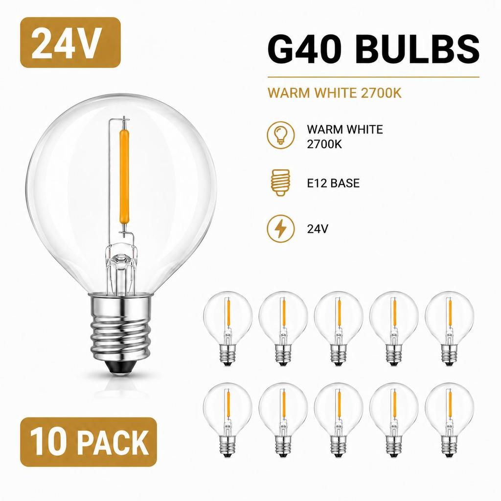10pcs G40 Replacement Light Bulbs E12 1W 5V 24V 110V 220V Plastic Globe Bulbs for String Lights Indoor Outdoor Patio Garden Warm White