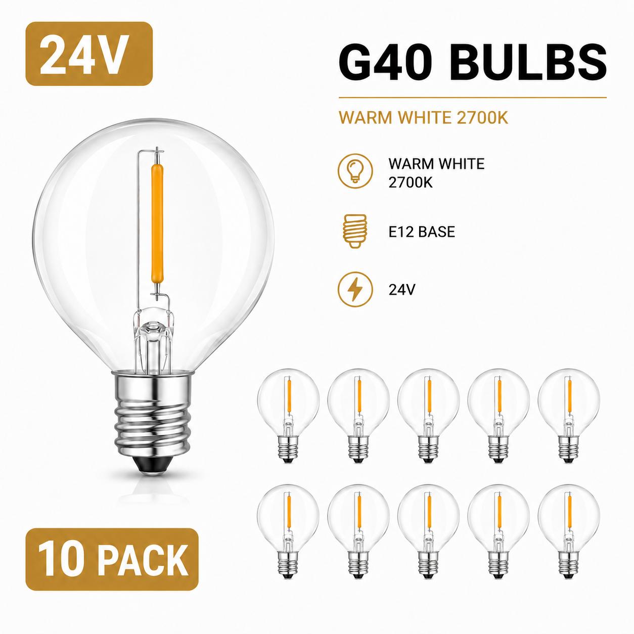 10 db G40 Csere Izzó E12 1W 5V 24V 110V 220V Műanyag Gömb Izzók Fényfüzérekhez Beltéri Kültéri Terasz Kert Meleg Fehér 24V