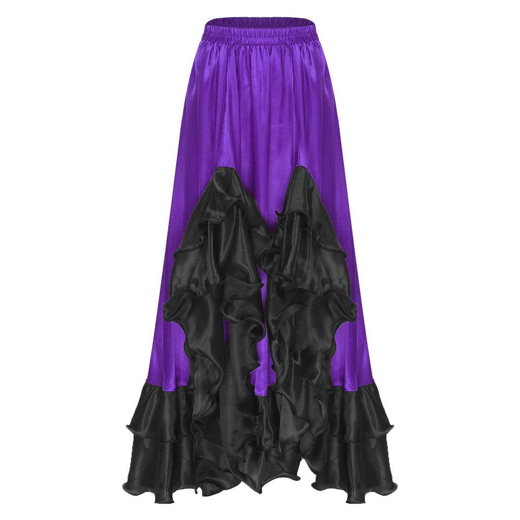 Ladies Spanish Dance Skirt Flamenco Style Ruffled Trim Irregular Hem Satin Elastic Waist Big Swing Skirt