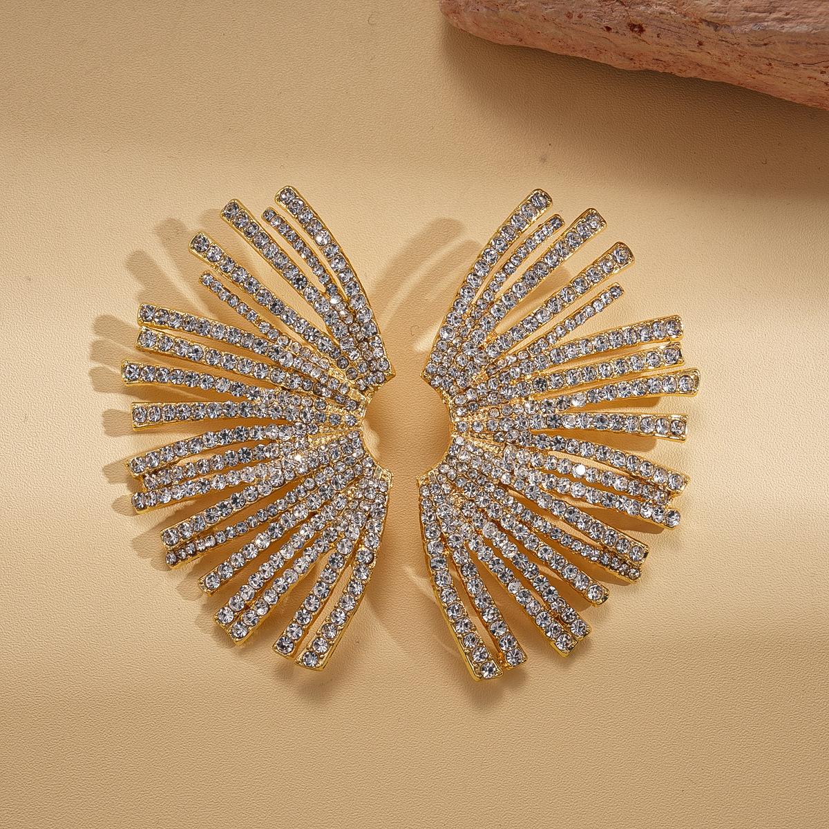 European and American light luxury style diamond-encrusted geometric fan-shaped silver needle personalized unique earrings niche earrings