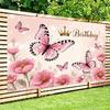 2D Princess Birthday Backdrop Pink Butterflies & Golden Crown Party Background Cloth