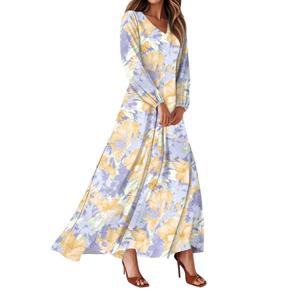 Dámské letní šaty Ležérní šaty maxi s dlouhým rukávem Roztomilé květinové šaty maxi Šaty pro svatebního hosta Vzdušné šaty