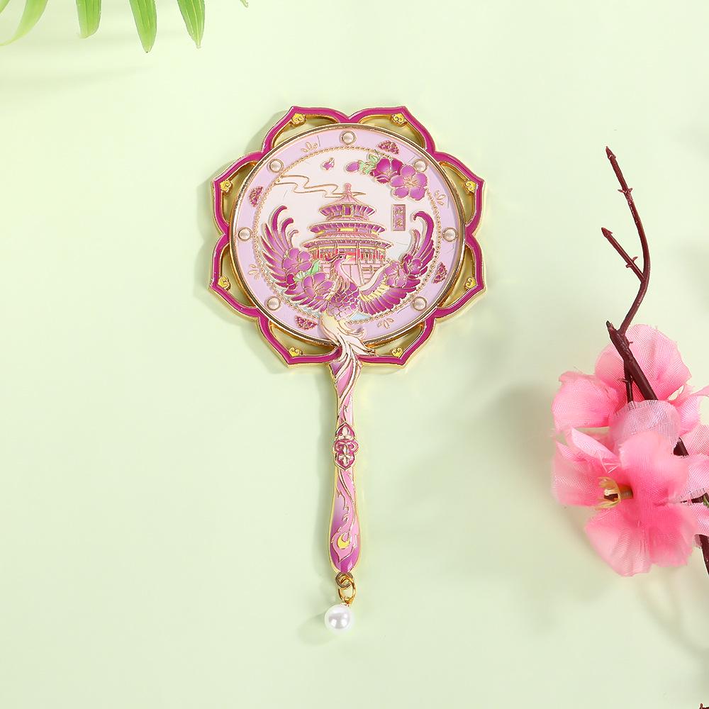 Lotus Handle Makeup Mirror with Temple of Heaven Pearl Pendant - Portable Cultural Style Mirror