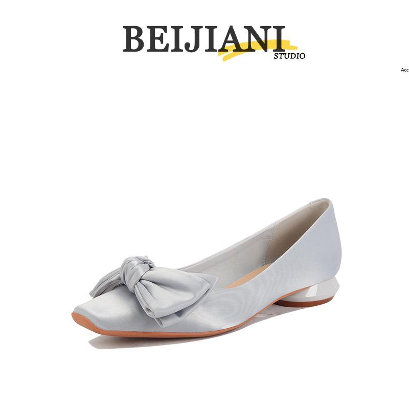 

BEIJIANI Сатиновые туфли Мэри Джейн на массивном каблуке с квадратным носком и бантом для женщин - Весенняя коллекция 36 серебряный серый