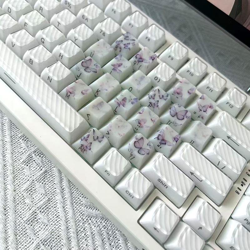 Lila Keramik Herz Graviertes Tastenkappen-Set - 21 Tasten, Sublimationsdruck, PBT-Material, Anpassbar