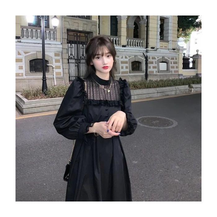 

Женское зимнее корейское платье 2025 года с рукавами-фонариками и кружевом XL чёрный