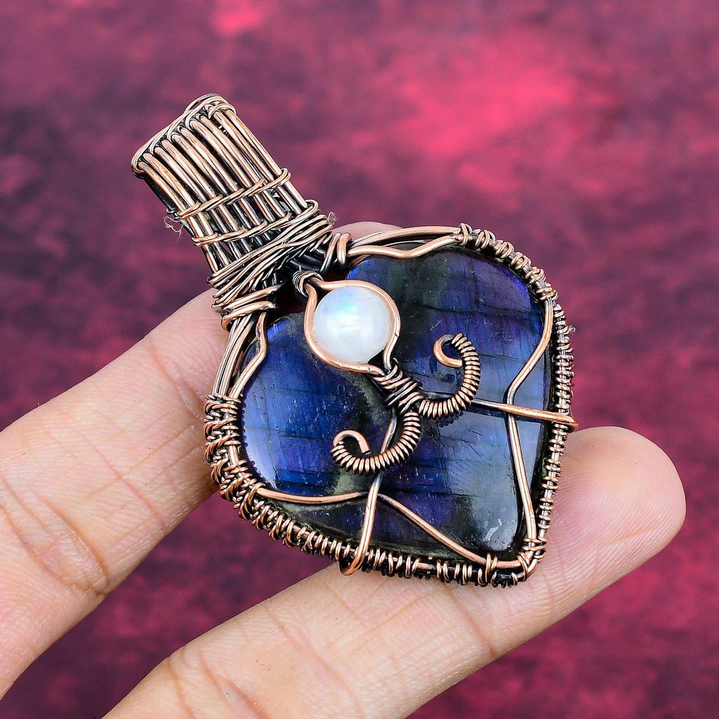 Labradorite Gemstone Pendant Copper Wire Wrapped Rainbow Moonstone Pendant