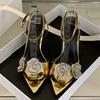 Fashion Sexy Gold Crystal Flower Heeled Sandals Women Fashion Pointed Toe Ankle Buckle Heels Summer Elegant Party Shoes Zapatos De Mujer