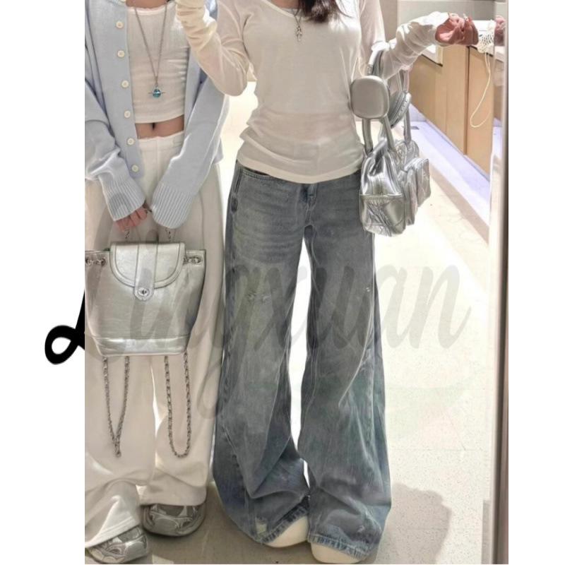 

Women s Light-Wash Distressed Micro-Flare Jeans - High-Waisted, Loose, Slimming, Versatile, Summer Style, Wide-Leg. Large