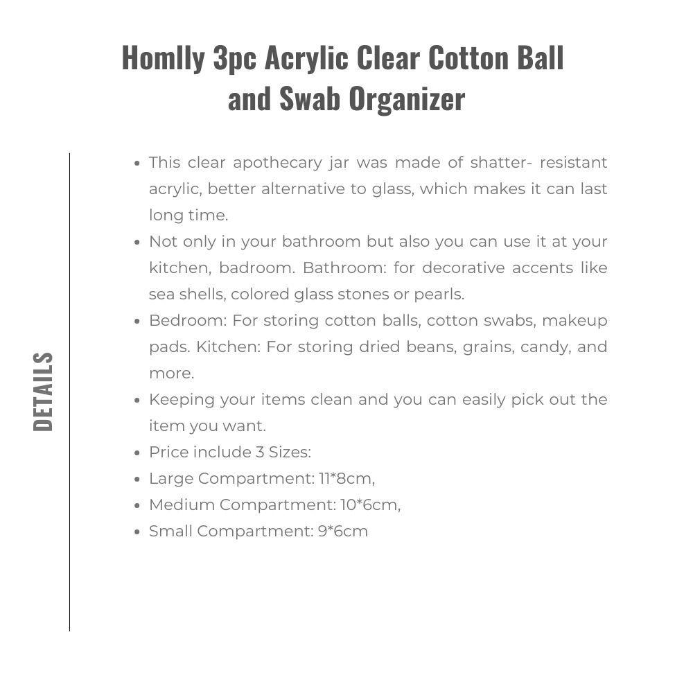 Homlly 3pc Acrylic Clear Cotton Ball and Swab Organizer