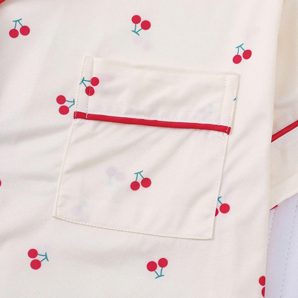 Cherry Print Women's Pajama Set - Short Sleeve & Shorts, European & American Style Home Wear