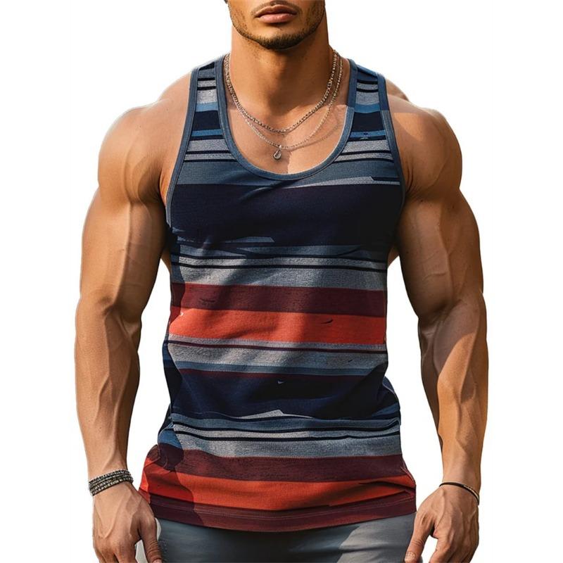 Canottiere Grafiche a Strisce Retro da Uomo Moda Casual Estive Senza Maniche Gilet Stampato 3D Largo Girocollo Magliette Sportive Asciugatura Rapida