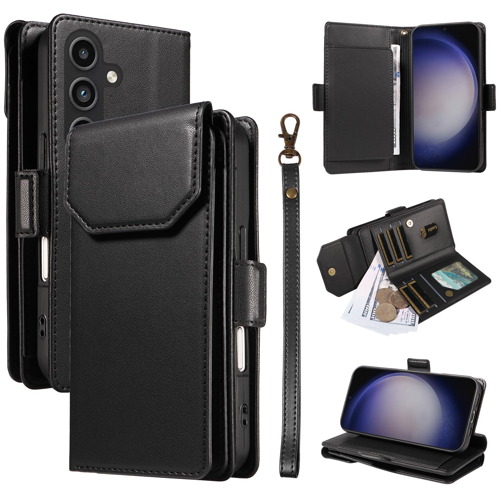 

For Samsung Galaxy S23 FE Case with Multi-Card Holder and Strap PU Leather Phone Cover Stand Black