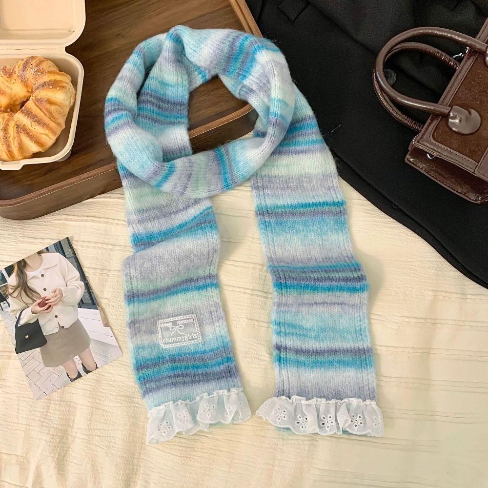 Lace Rainbow Striped Scarf Plush Winter Shawl Fashion Cashmere Knitted Scarf  Daily