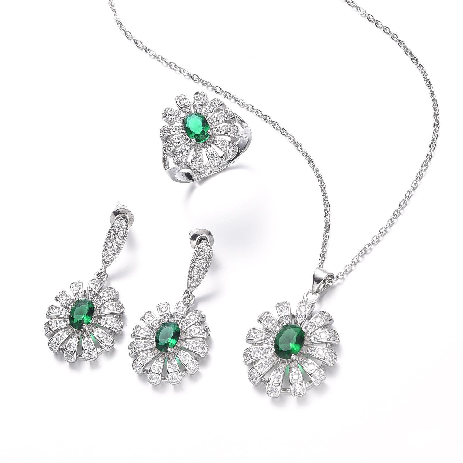 

Платформа Цирконий Серебряный Игла Ожерелье Серьги Кольцо Комплект Из Трех Частей Цветок Подсолнуха Size 10 ring three-piece set зелёный