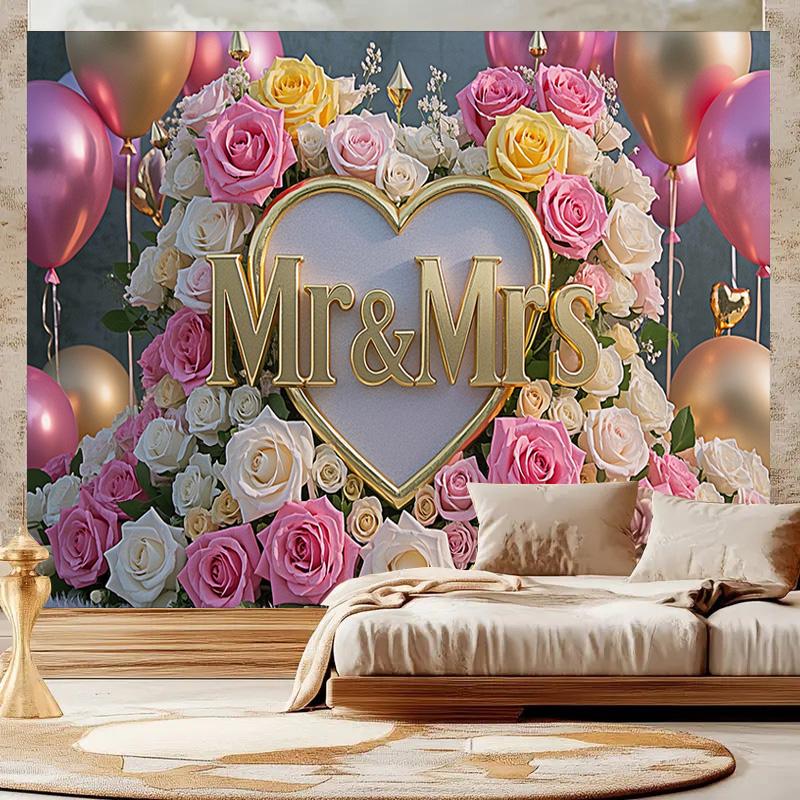 1pc Backdrop with Heart-Shaped Floral Design,Pink&Golden Theme,for Photo Booths,Anniversaries,Weddings,and Festive Decorations,Indoors and Outdoors