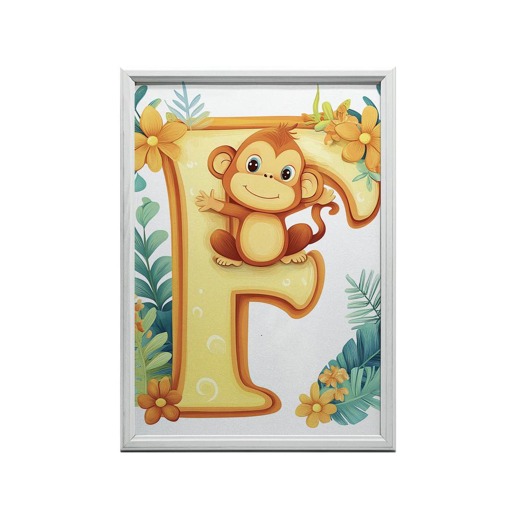 Poster Cheerful "F" With Monkey Poster Cheerful "F" With Monkey, 30X40 Cm, Dark Brown Wooden Frame, 230 Gsm Matte Paper