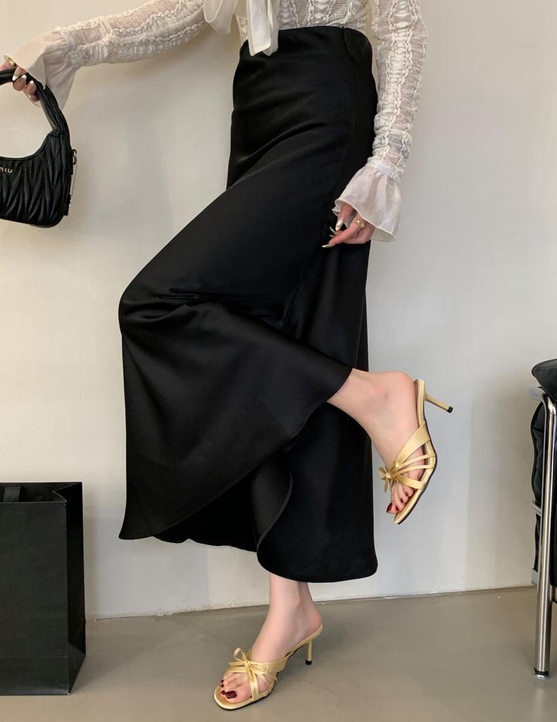 Leather silver with skirt thick heel bow one-word slippers women's summer wear French high-heeled cool slippers