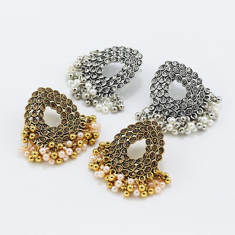 Hollow Pearl Tassels Inlaid with Diamonds Retro Folk Earrings Female Earrings Eid Al-Fitr Lasser Bairam