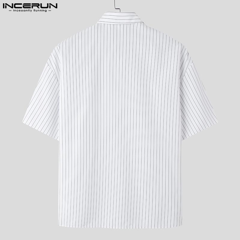 INCERUN Oversized Summer Men Turn-down Collar Short Sleeve Striped Buttons Casual Shirts