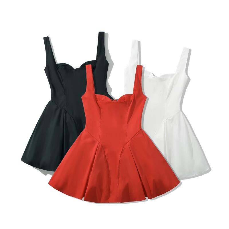 European & American Style 2025 Autumn Solid Color Slim Fit Mini Skirt with Spaghetti Straps & Waist-cinching Design