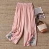 Retro Embroidery Pants Pleated Loose Leisure Versatile Wide Leg Pants Bohemian Vacation Slanted Pocket Breathable Trousers