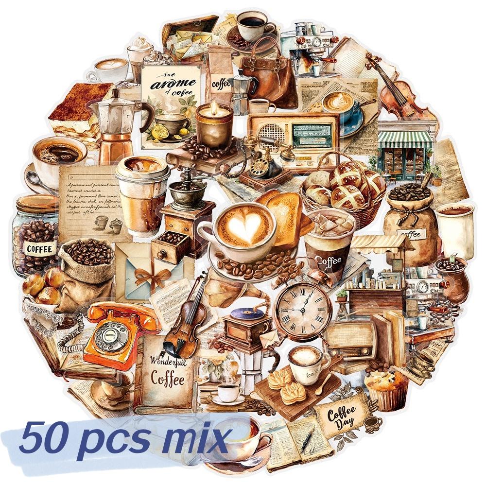 

50 vintage coffee stickers, suitable for DIY manuals, phone cases, notebooks, guitars, and scrapbook decorations, phone case dec