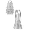 Children‘s Shiny Sequins Halter Neck Backless Jazz Dance Bodysuit and Split Flare Metallic Pants for Competition Recital