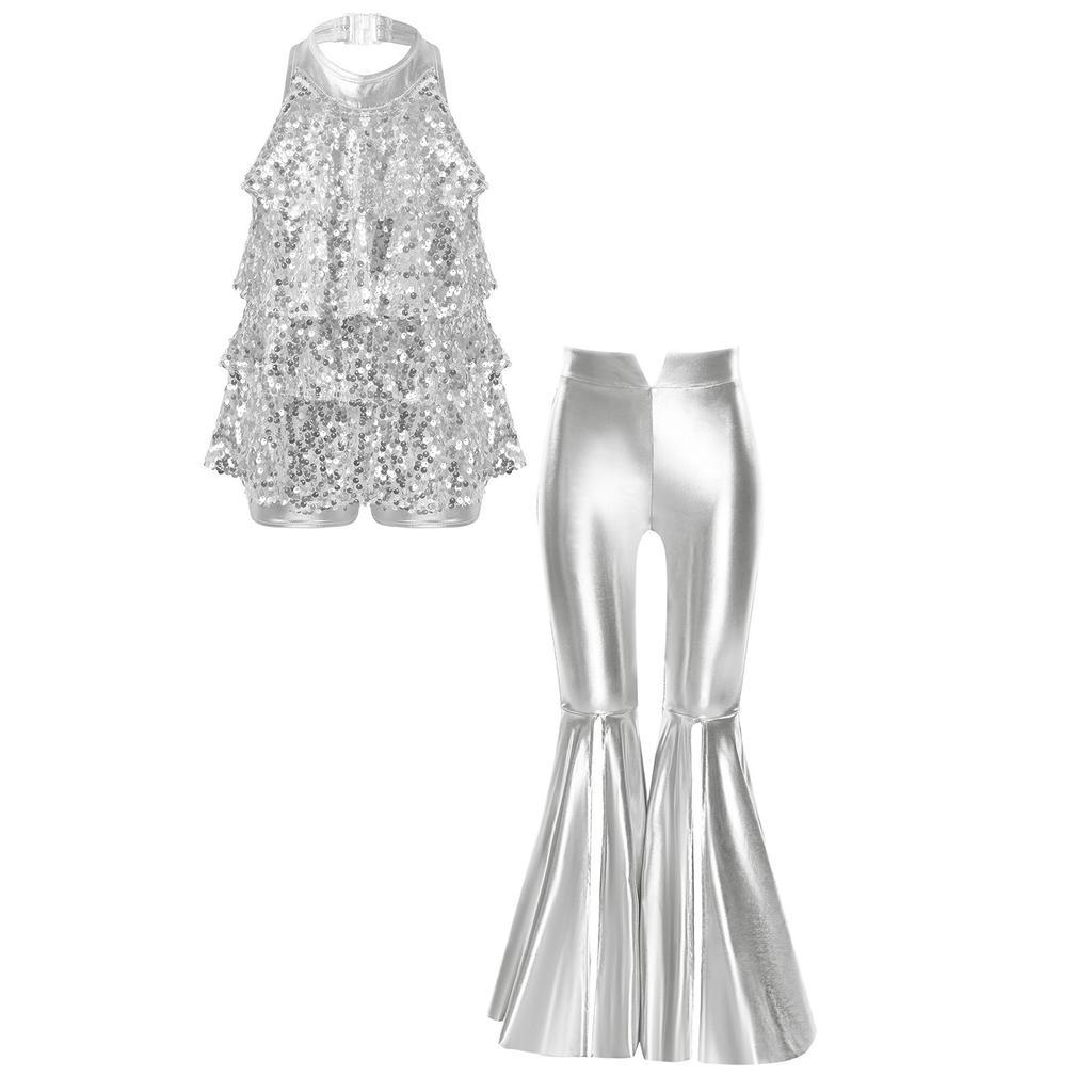 Children‘s Shiny Sequins Halter Neck Backless Jazz Dance Bodysuit and Split Flare Metallic Pants for Competition Recital