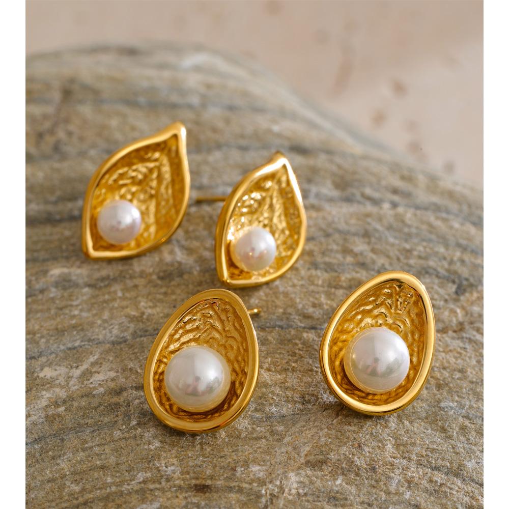 Eetit New Stainless Steel Simulated Pearls Leaf Stud Earrings 18K Golden Plated Chic Daily Jewelry Hypoallergenic