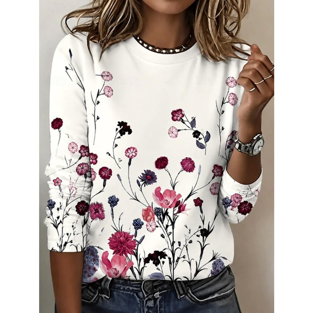 Top da Donna Stampa Floreale Girocollo Manica Lunga T-shirt Autunno Casual Slim Pullover Top a Manica Lunga da Donna