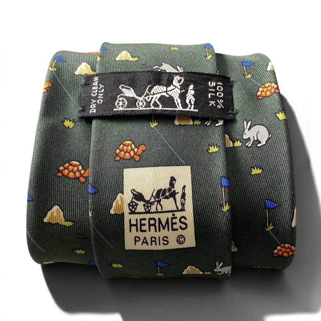 Used g18 HERMES tie rabbit turtle pattern all-over print made in France green 100% silk men's