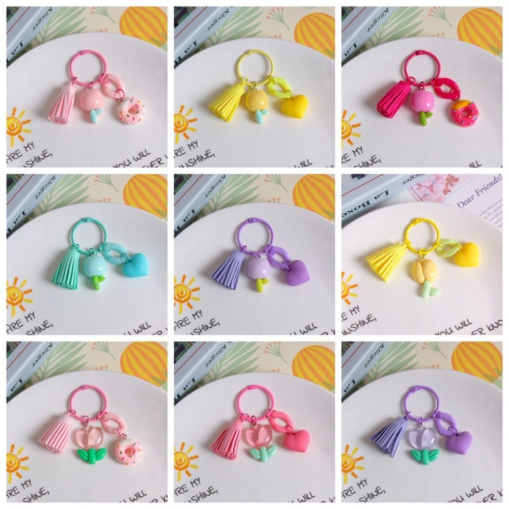 Young Girl's Heart Tulip Flower Keychain With tassel Sweet Resin Tulip Keyring   Girls