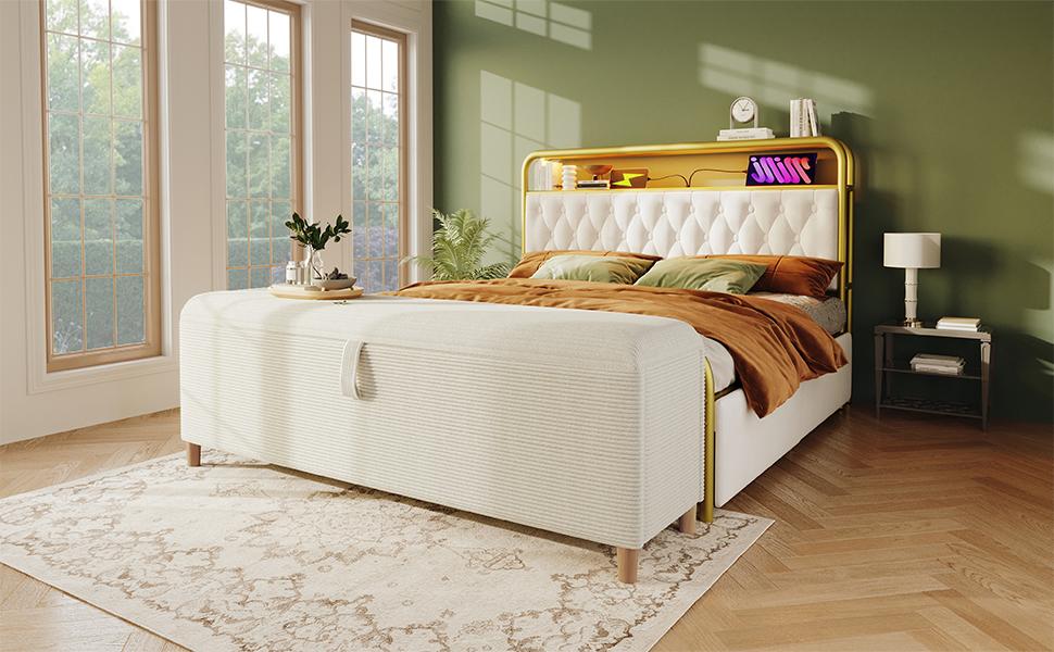 Banc de lit avec rangement, 145 x 38 cm, Banc rembourré avec rangement hydraulique, Coffre de rangement, Chambre à coucher, Salon et Couloir, Aspect velours côtelé beige.
