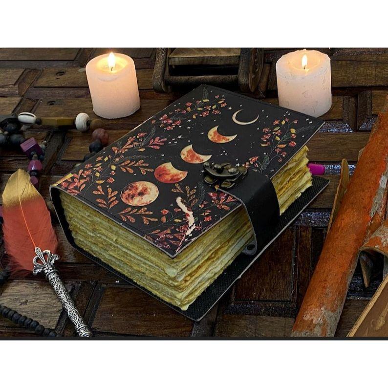 `400 Page Large Grimoire Vintage Leather Journal, Moon Phase Fat Journal, Blank Spell Book of Shadows Celestial Christmas Gifts For Him Her