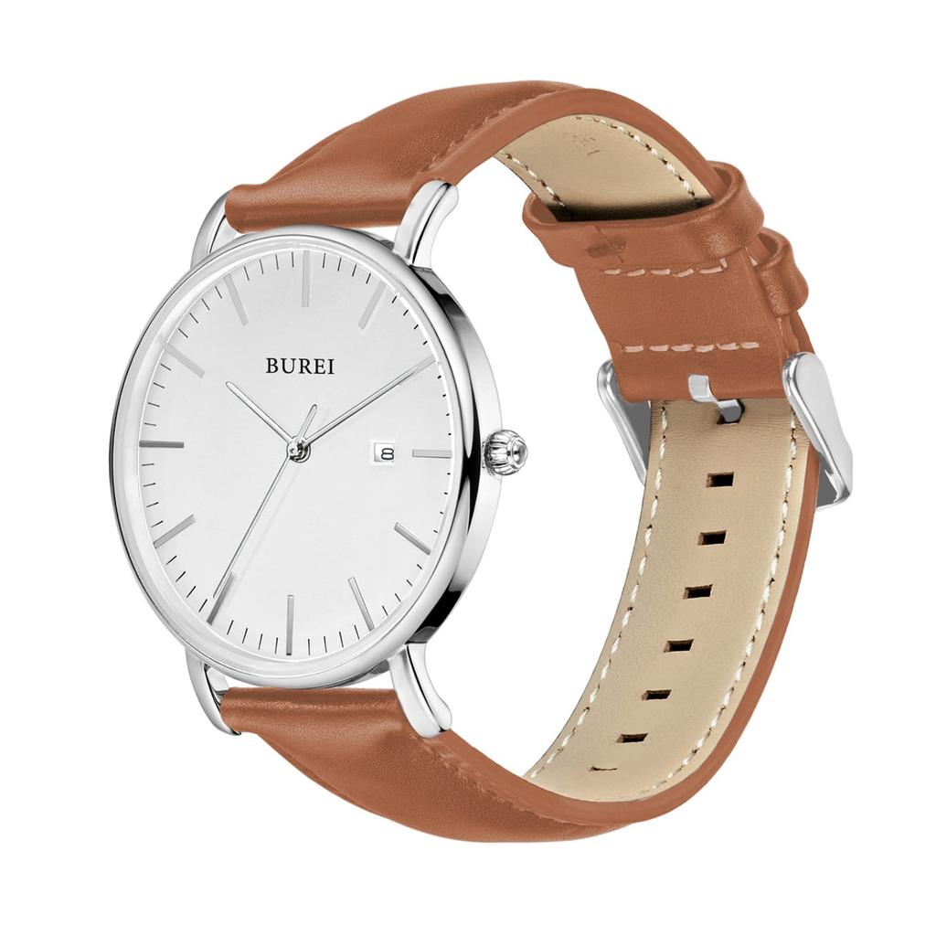 BUREI Men's Leather Watch, Simple Business Style, Waterproof, Analog, Stylish, Popular, Date Display, Slim Fit, Size M