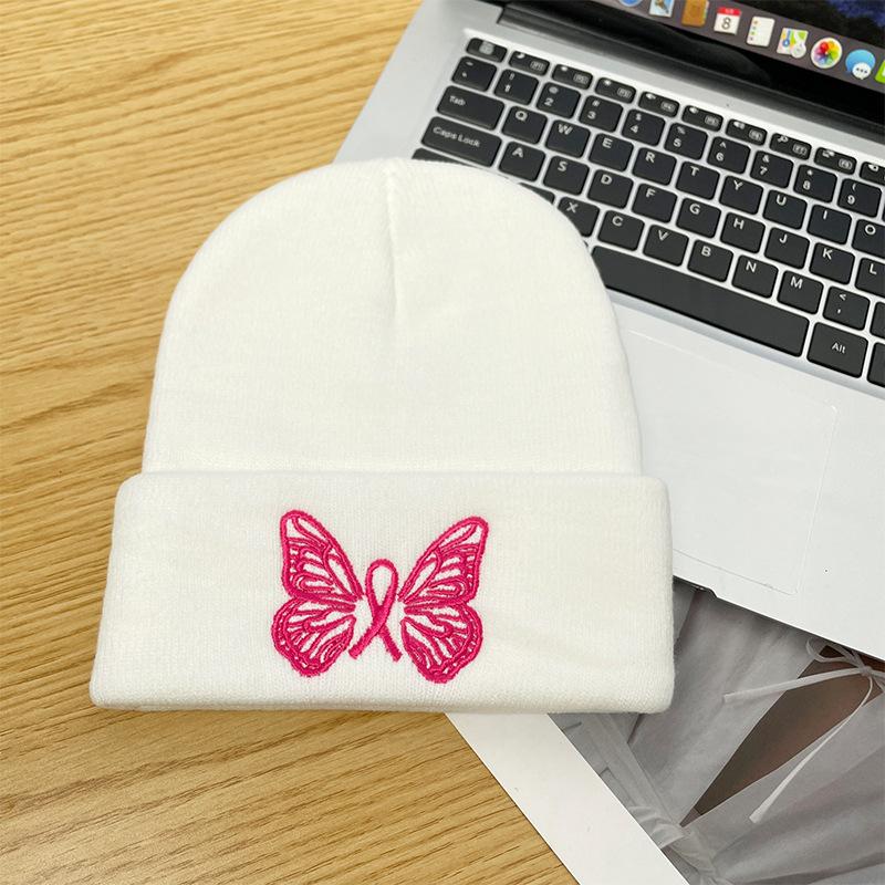 Embroidered butterfly knitted hat women's warm cold hat big head circumference ear protection pullover hat versatile bag head wool hat