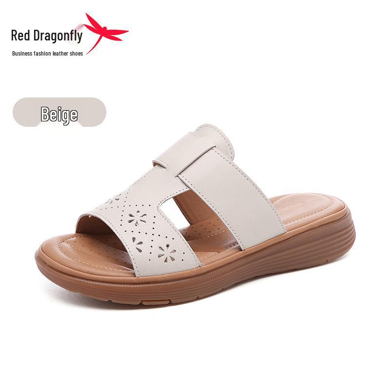 Red Dragonfly Women s Genuine Leather Non-Slip One-Strap Summer Sandals Size 35 бежевый