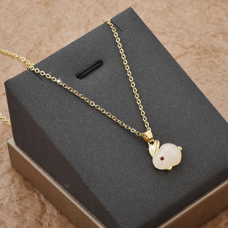 Cute Bunny Pendant Imitation White Jade Rabbit 18K Gold Titanium Steel Necklace Women'S Light Luxury Niche High Sense