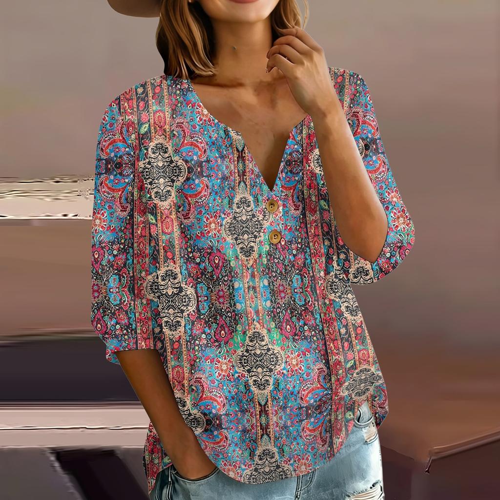 Women’s Floral Pattern Henley Neck Button Front Cotton Linen Shirt with 3/4 Sleeves Relaxed Fit Casual Blouse for Everyday Wear