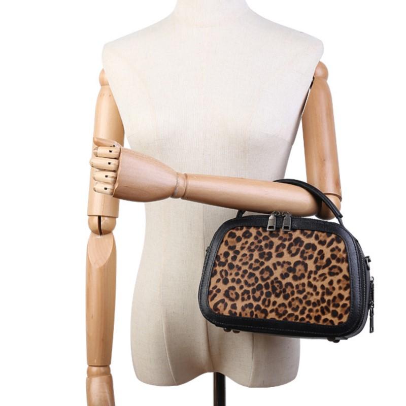 Johnature Fashion Leopard Pattern Women's Bag Genuine Leather Splice Horse Hair Handbag Versatile Shoulder Bags