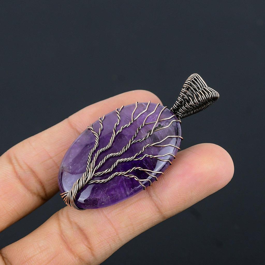 Amethyst Pendant, Handmade Gemstone 999 Copper Wire Wrapped Pendant Antique Jewelry, For Gift Silver Jewelry