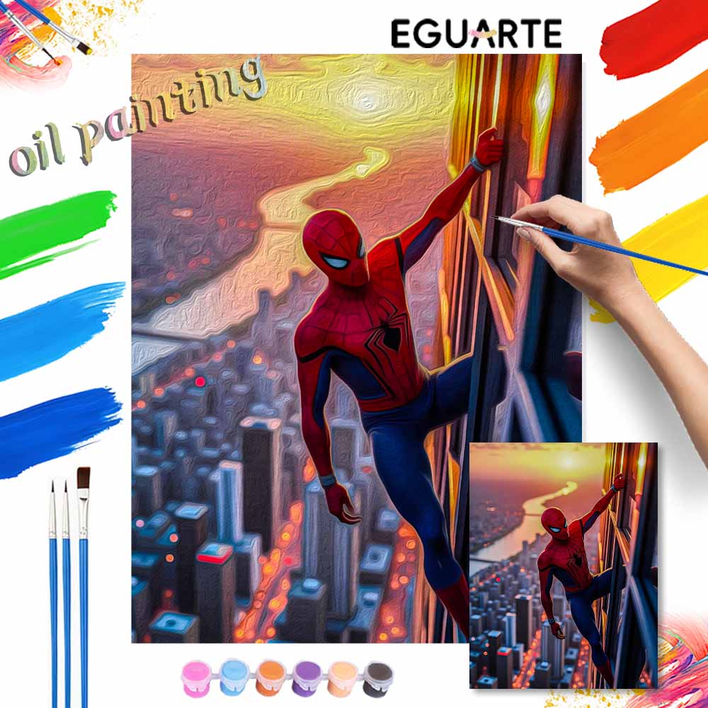 Disney SpiderMan oil paint by numbers painting kit handmade diy home decor gifts wall art canvas sunset city skyscraper view relaxing