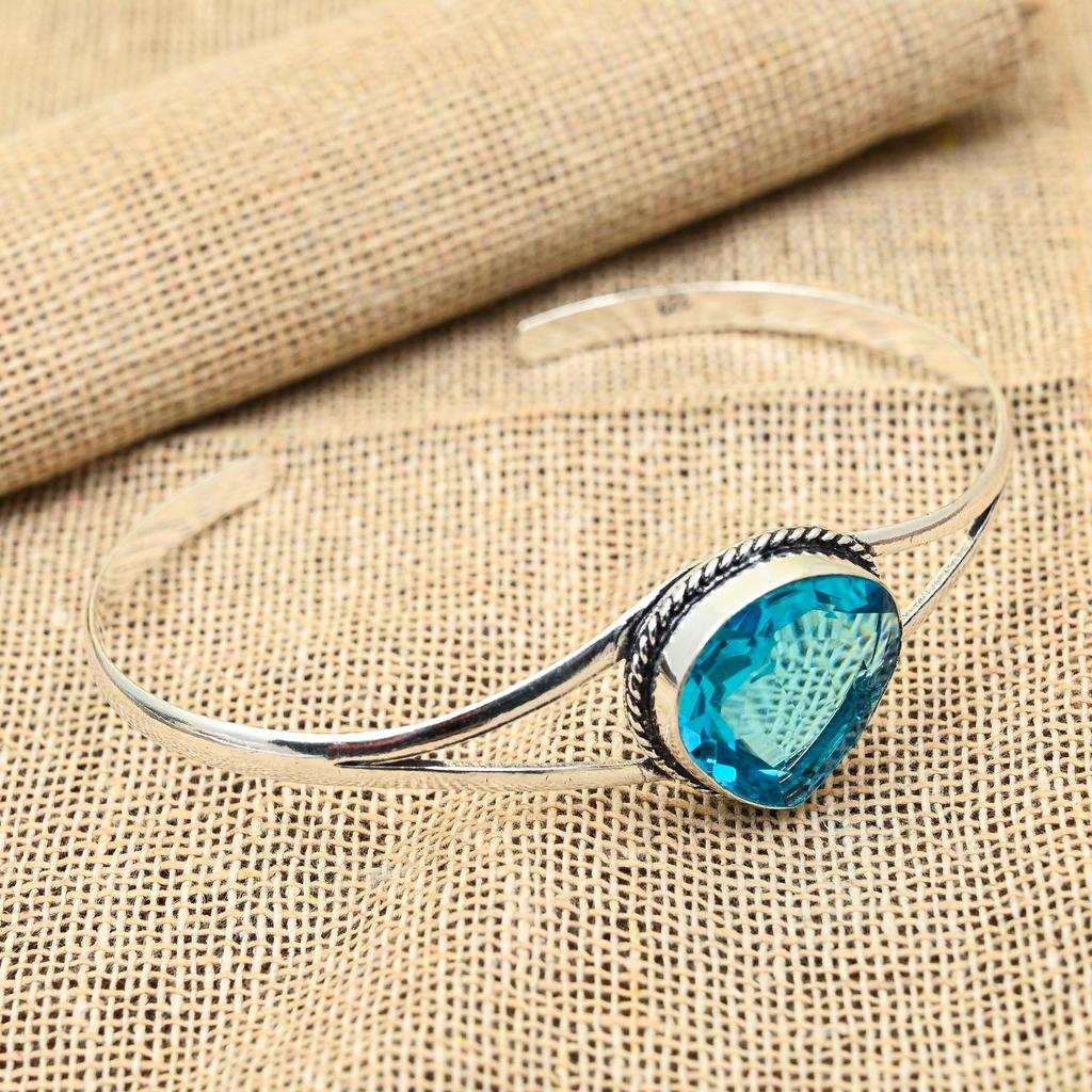 Blue Topaz Gemstone Handmade 925 Solid Sterling Silver Bangle For Wedding Gift