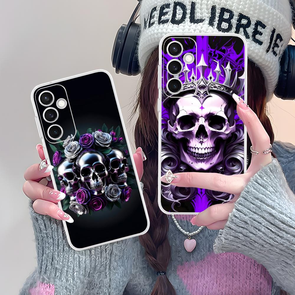 Silver Skull Clear Mobile Phone Case for Samsung Galaxy S25 S24 S23 S22 S21Plus FE Ultra Colorful Cover