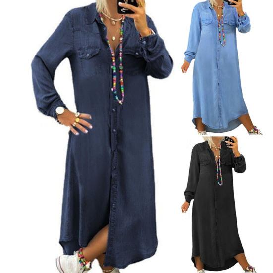 Turn-Down Collar Long Sleeves Women Dress Two Pockets Solid Color Single Breasted Denim Maxi Dress Ladies Clothing